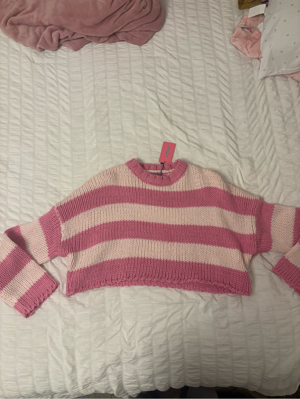 Edikted Pink and Cream Striped Cropped Crew Sweater